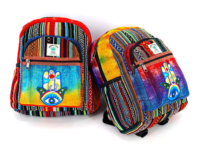 Hamsa Hand Hemp Mini Backpack | Hand Embroidered Tie Dye Bag