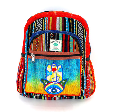 Hamsa Hand Hemp Mini Backpack | Hand Embroidered Tie Dye Bag