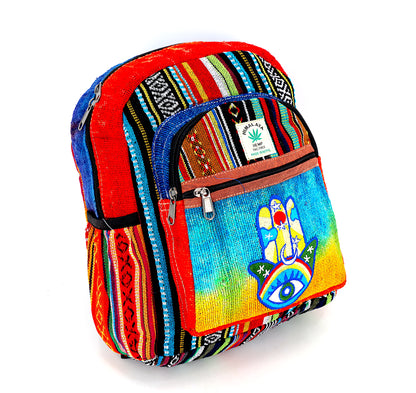 Hamsa Hand Hemp Mini Backpack | Hand Embroidered Tie Dye Bag