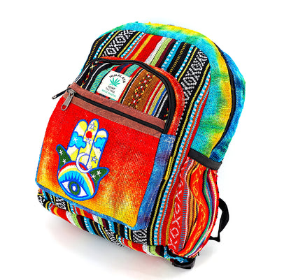 Hamsa Hand Hemp Mini Backpack | Hand Embroidered Tie Dye Bag