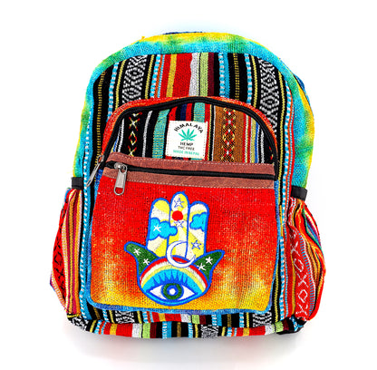 Hamsa Hand Hemp Mini Backpack | Hand Embroidered Tie Dye Bag