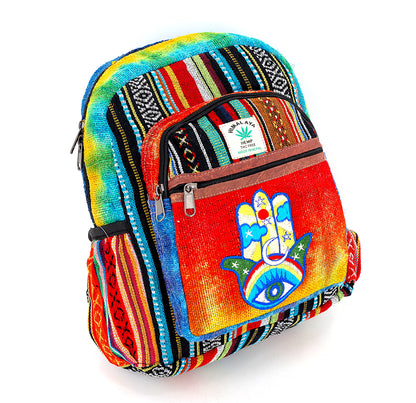 Hamsa Hand Hemp Mini Backpack | Hand Embroidered Tie Dye Bag