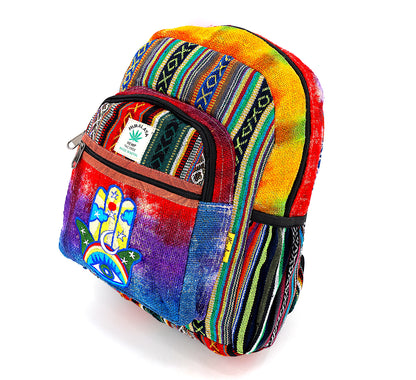 Hamsa Hand Hemp Mini Backpack | Hand Embroidered Tie Dye Bag