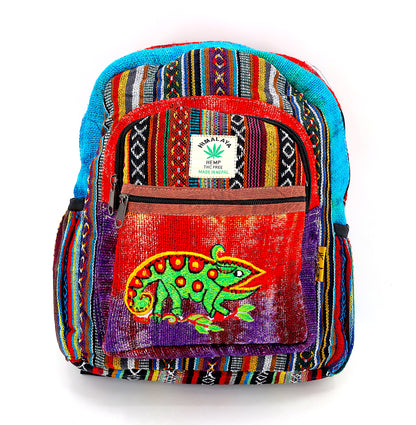 Chameleon Hemp Mini Backpack | Hand Embroidered Tie Dye Bag