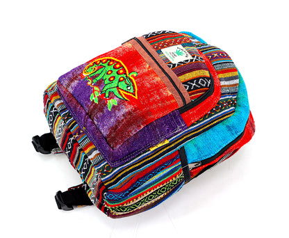 Chameleon Hemp Mini Backpack | Hand Embroidered Tie Dye Bag