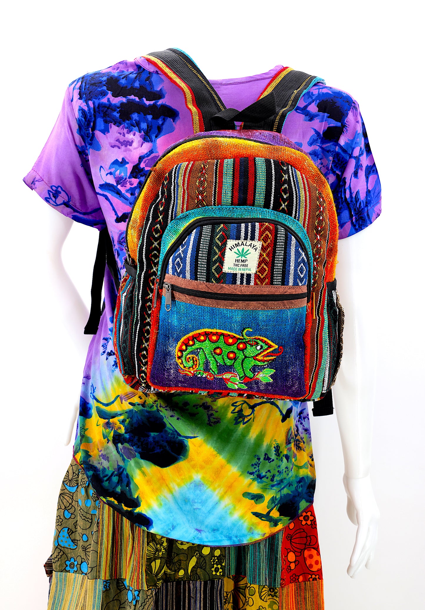 Hemp Chameleon Hand Embroidered Tie Dye Mini Backpack