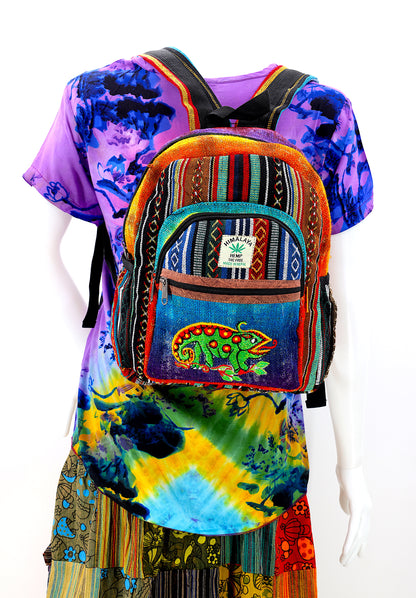 Chameleon Hemp Mini Backpack | Hand Embroidered Tie Dye Bag