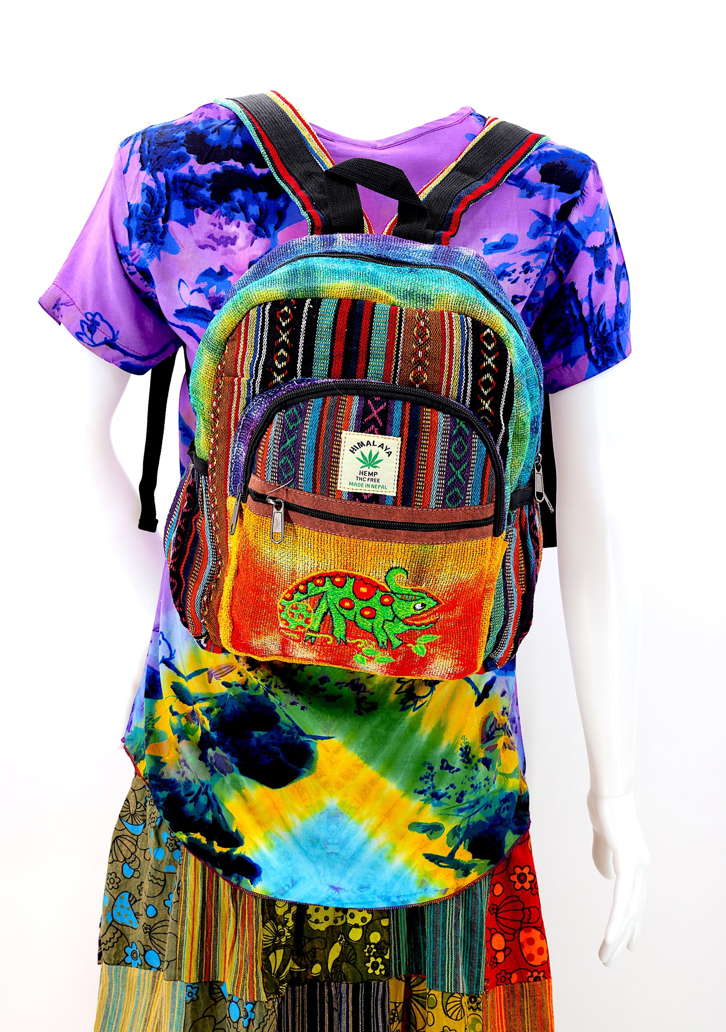 Hemp Chameleon Hand Embroidered Tie Dye Mini Backpack