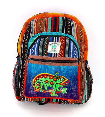 Chameleon Hemp Mini Backpack | Hand Embroidered Tie Dye Bag