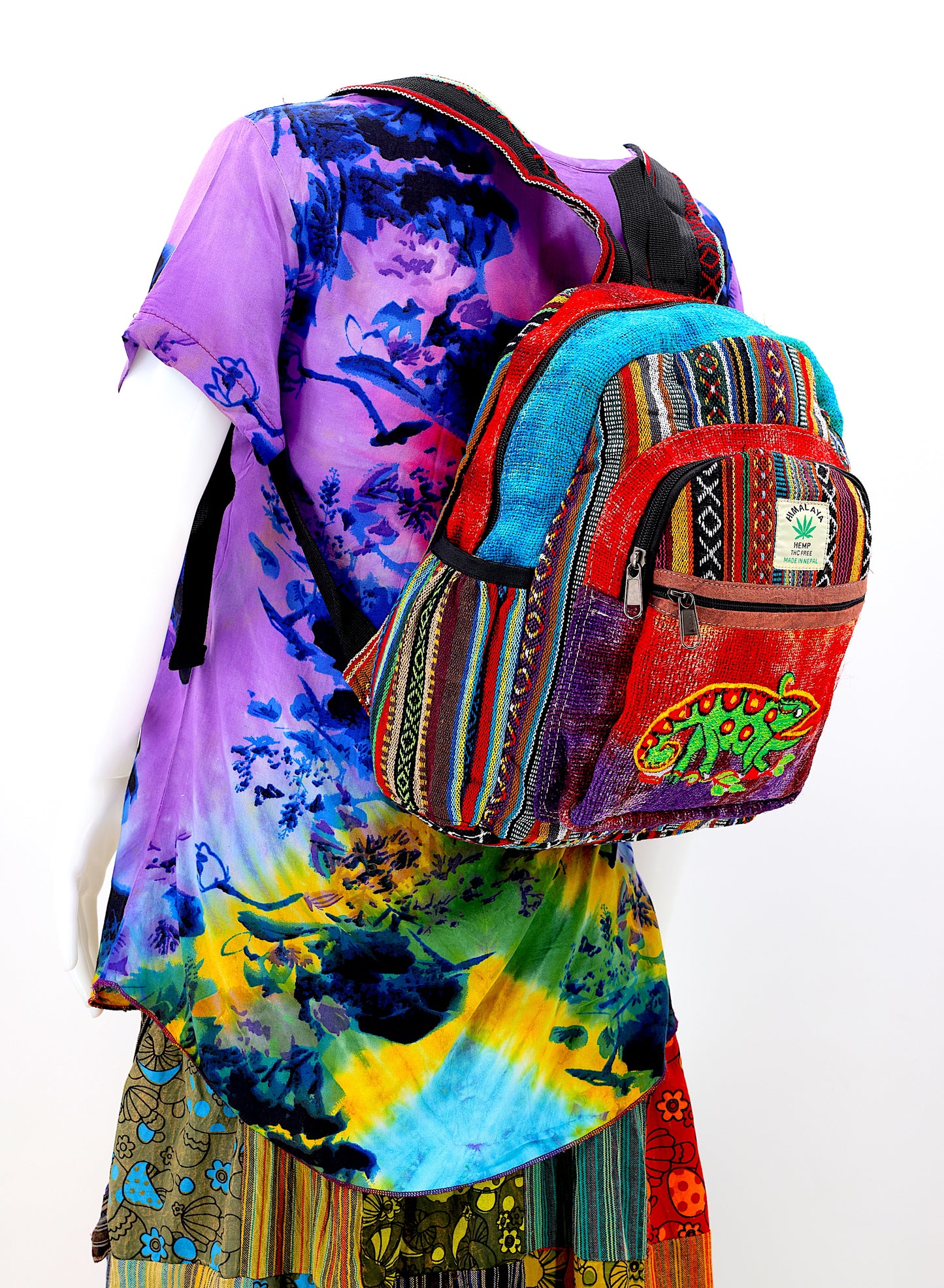 Hemp Chameleon Hand Embroidered Tie Dye Mini Backpack