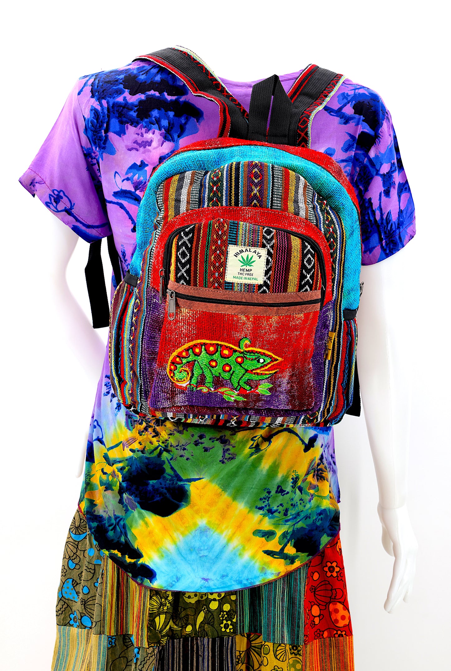 Hemp Chameleon Hand Embroidered Tie Dye Mini Backpack