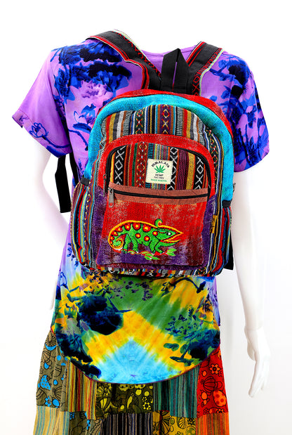Chameleon Hemp Mini Backpack | Hand Embroidered Tie Dye Bag