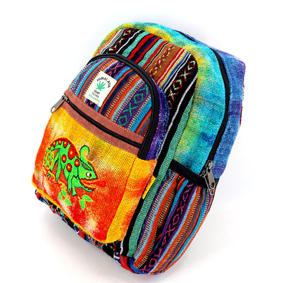 Chameleon Hemp Mini Backpack | Hand Embroidered Tie Dye Bag