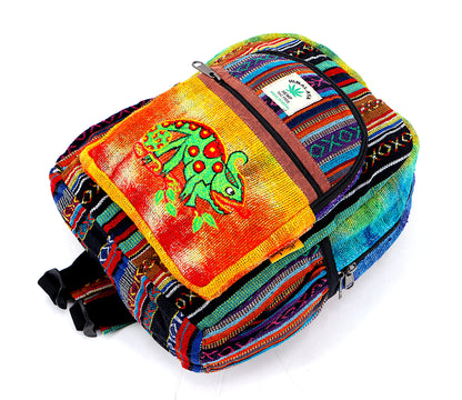 Chameleon Hemp Mini Backpack | Hand Embroidered Tie Dye Bag