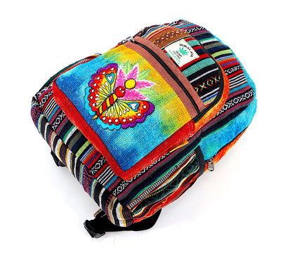 Butterfly & Flower Hemp Mini Backpack | Hand Embroidered Tie Dye Bag