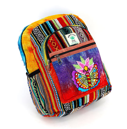 Butterfly & Flower Hemp Mini Backpack | Hand Embroidered Tie Dye Bag
