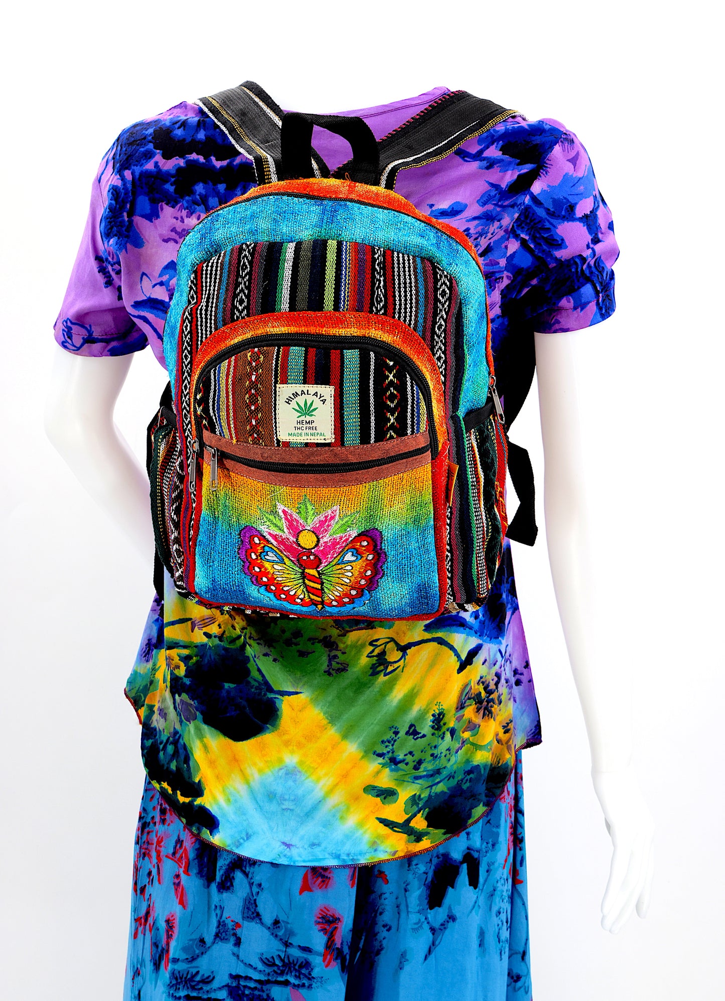 Hemp Flower Butterfly Hand Embroidered Tie Dye Mini Backpack