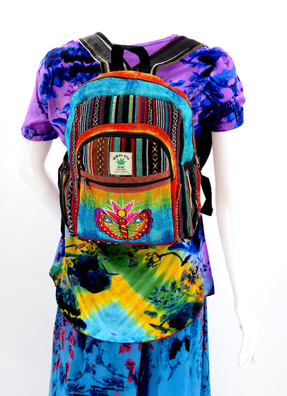Butterfly & Flower Hemp Mini Backpack | Hand Embroidered Tie Dye Bag