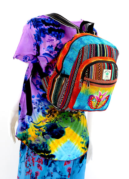 Butterfly & Flower Hemp Mini Backpack | Hand Embroidered Tie Dye Bag