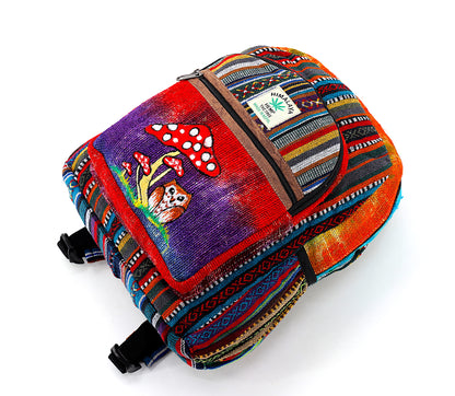 Owl & Mushroom Hemp Mini Backpack | Hand Embroidered Tie Dye Bag