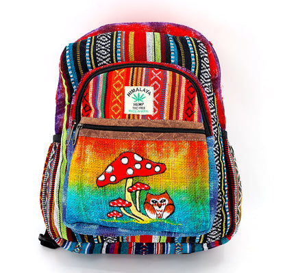 Owl & Mushroom Hemp Mini Backpack | Hand Embroidered Tie Dye Bag