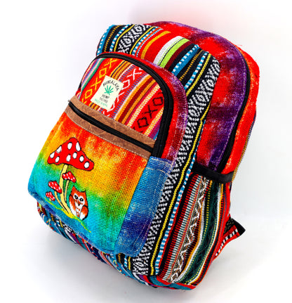 Owl & Mushroom Hemp Mini Backpack | Hand Embroidered Tie Dye Bag