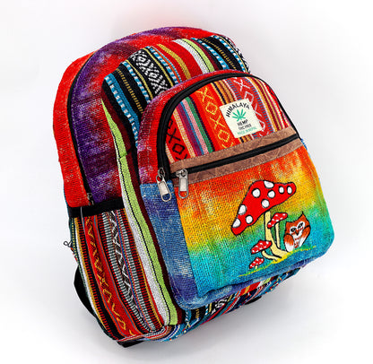 Owl & Mushroom Hemp Mini Backpack | Hand Embroidered Tie Dye Bag