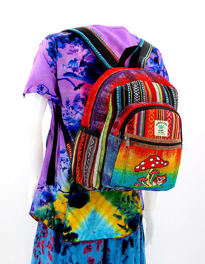 Owl & Mushroom Hemp Mini Backpack | Hand Embroidered Tie Dye Bag