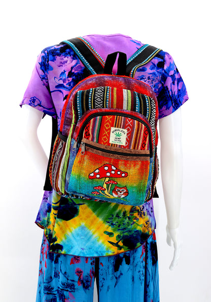 Owl & Mushroom Hemp Mini Backpack | Hand Embroidered Tie Dye Bag