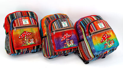 Owl & Mushroom Hemp Mini Backpack | Hand Embroidered Tie Dye Bag
