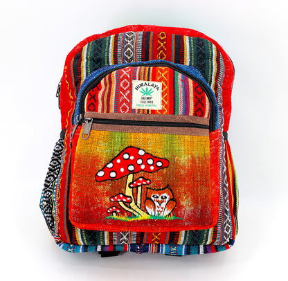Owl & Mushroom Hemp Mini Backpack | Hand Embroidered Tie Dye Bag