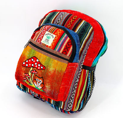 Owl & Mushroom Hemp Mini Backpack | Hand Embroidered Tie Dye Bag