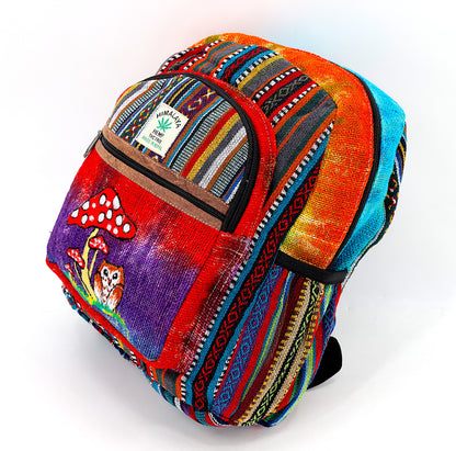Owl & Mushroom Hemp Mini Backpack | Hand Embroidered Tie Dye Bag