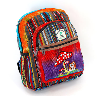 Owl & Mushroom Hemp Mini Backpack | Hand Embroidered Tie Dye Bag