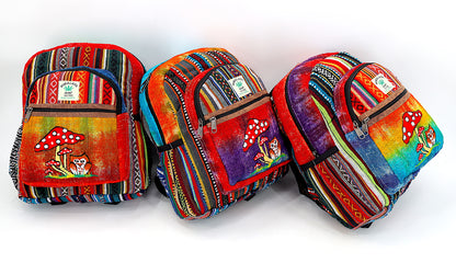 Owl & Mushroom Hemp Mini Backpack | Hand Embroidered Tie Dye Bag