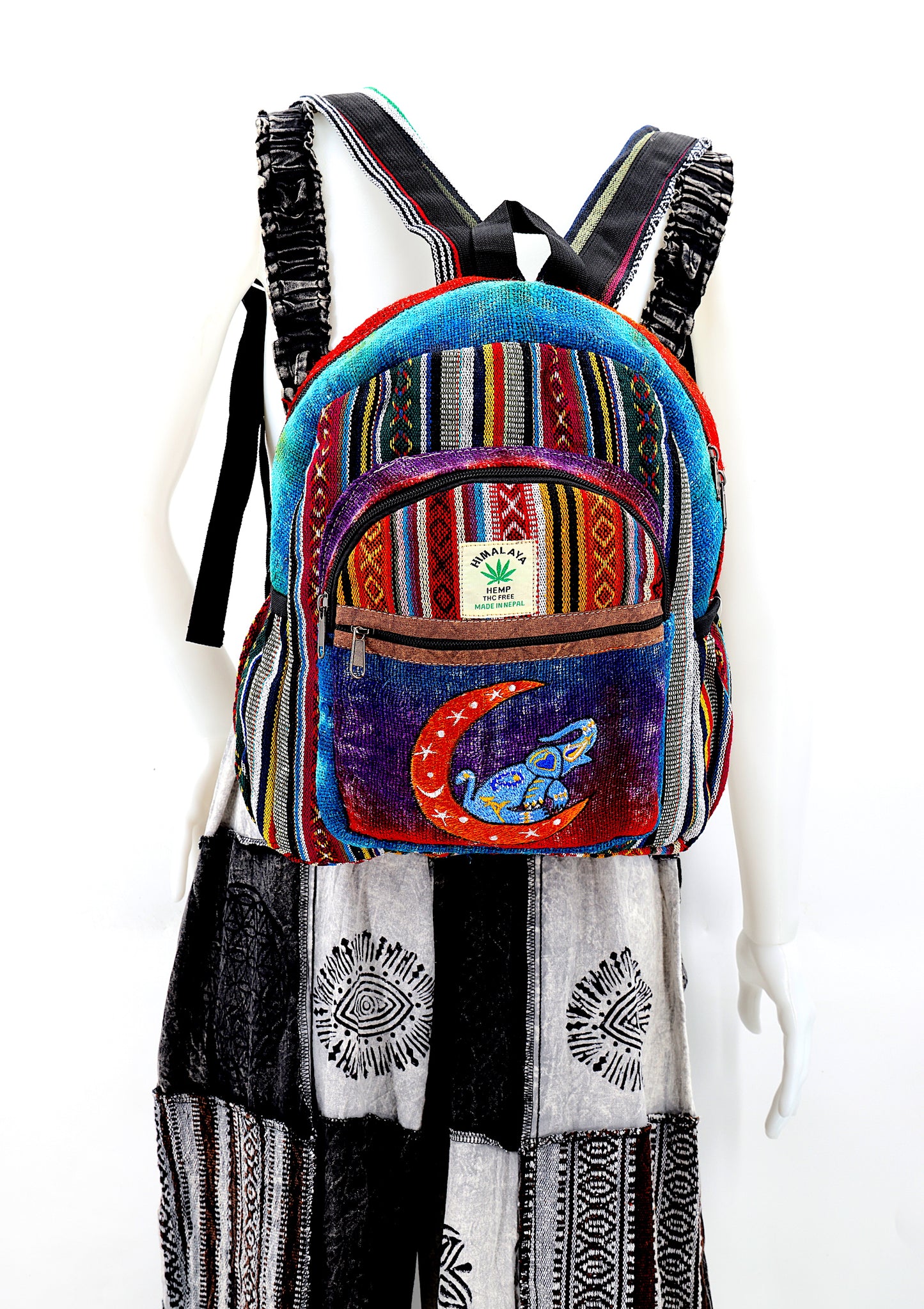 Hemp Moon Elephant Hand Embroidered Tie Dye Mini Backpack