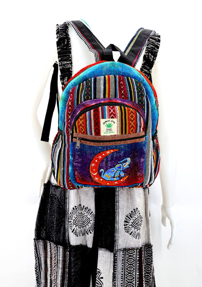 Moon & Elephant Hemp Mini Backpack | Hand Embroidered Tie Dye Bag