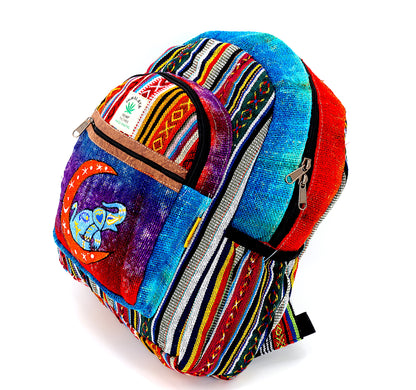 Moon & Elephant Hemp Mini Backpack | Hand Embroidered Tie Dye Bag