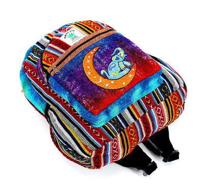 Moon & Elephant Hemp Mini Backpack | Hand Embroidered Tie Dye Bag