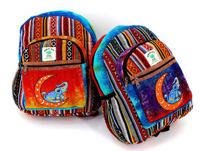 Moon & Elephant Hemp Mini Backpack | Hand Embroidered Tie Dye Bag