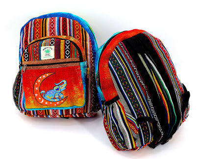 Moon & Elephant Hemp Mini Backpack | Hand Embroidered Tie Dye Bag