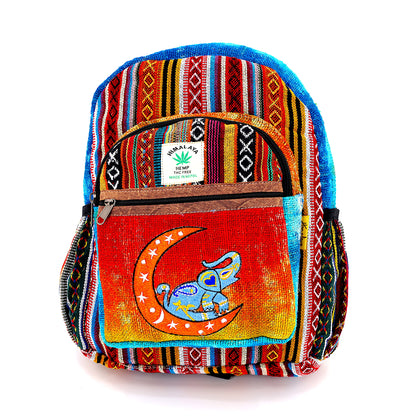 Moon & Elephant Hemp Mini Backpack | Hand Embroidered Tie Dye Bag