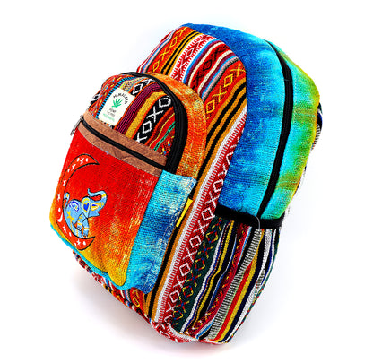 Moon & Elephant Hemp Mini Backpack | Hand Embroidered Tie Dye Bag