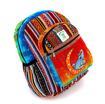 Moon & Elephant Hemp Mini Backpack | Hand Embroidered Tie Dye Bag