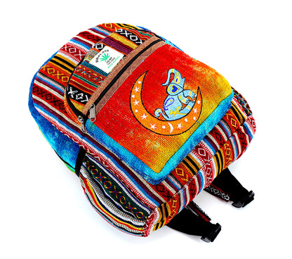 Moon & Elephant Hemp Mini Backpack | Hand Embroidered Tie Dye Bag