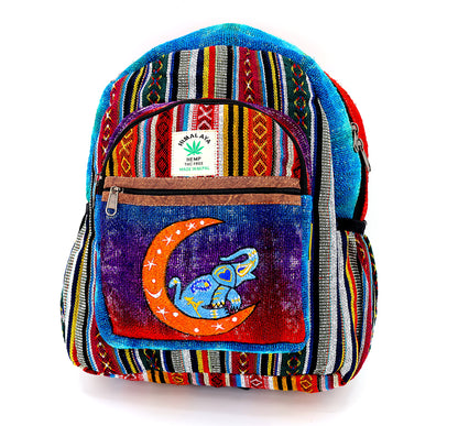 Moon & Elephant Hemp Mini Backpack | Hand Embroidered Tie Dye Bag