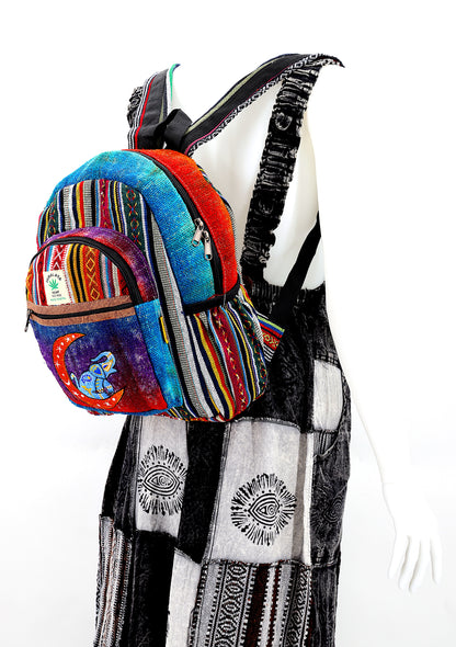 Moon & Elephant Hemp Mini Backpack | Hand Embroidered Tie Dye Bag