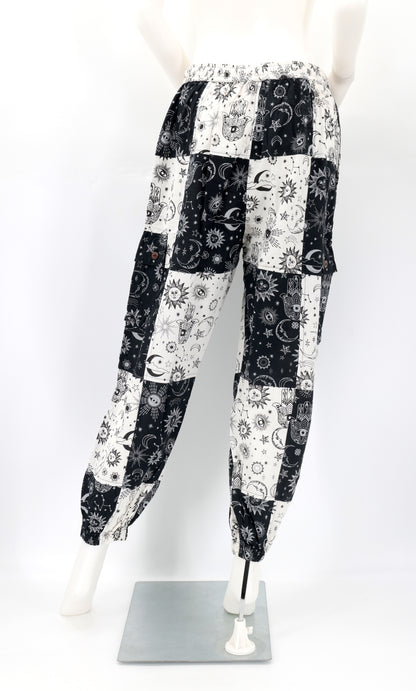 Celestial Print Patchwork Pants | Cotton Cargo Harem Pants