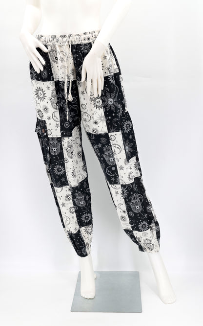 Celestial Print Patchwork Pants | Cotton Cargo Harem Pants