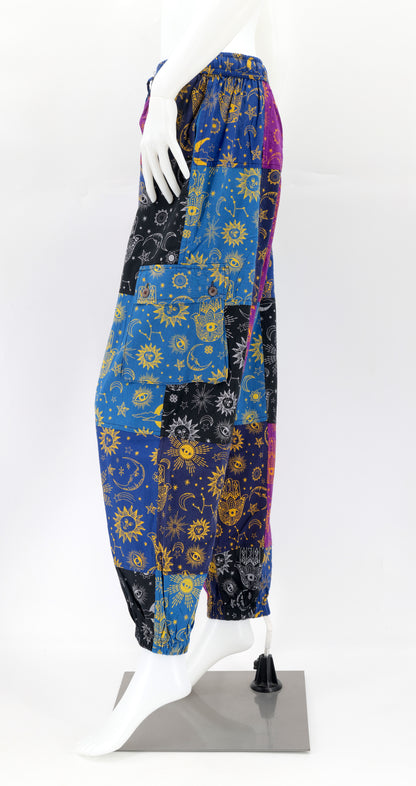Celestial Print Patchwork Pants | Cotton Cargo Harem Pants